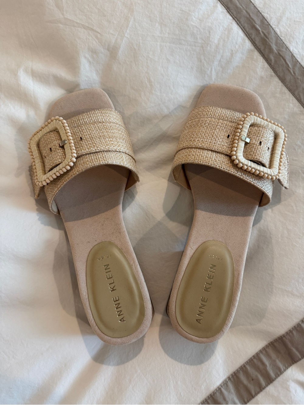 Anne Klein Neutral Raffia Slide Sandals